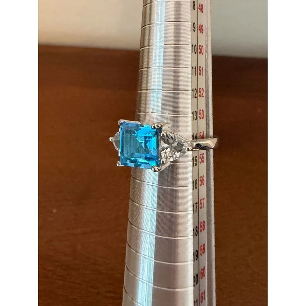 Blue Emerald Cut Statement Ring – Sterling Silver 925 – 3 Stone Design
